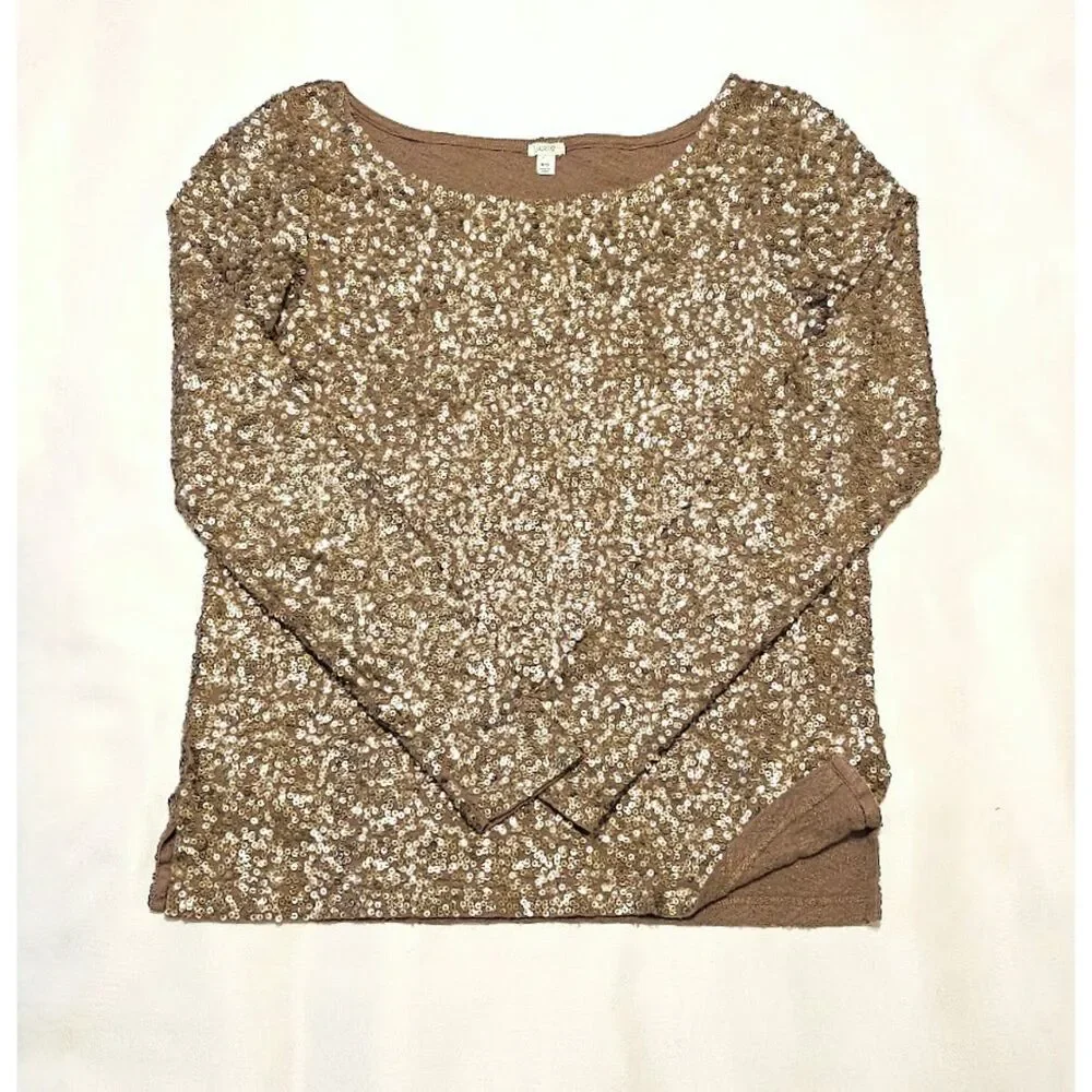 J.Crew Taupe Bronze Sequin Long Sleeve Blouse Top Size XS